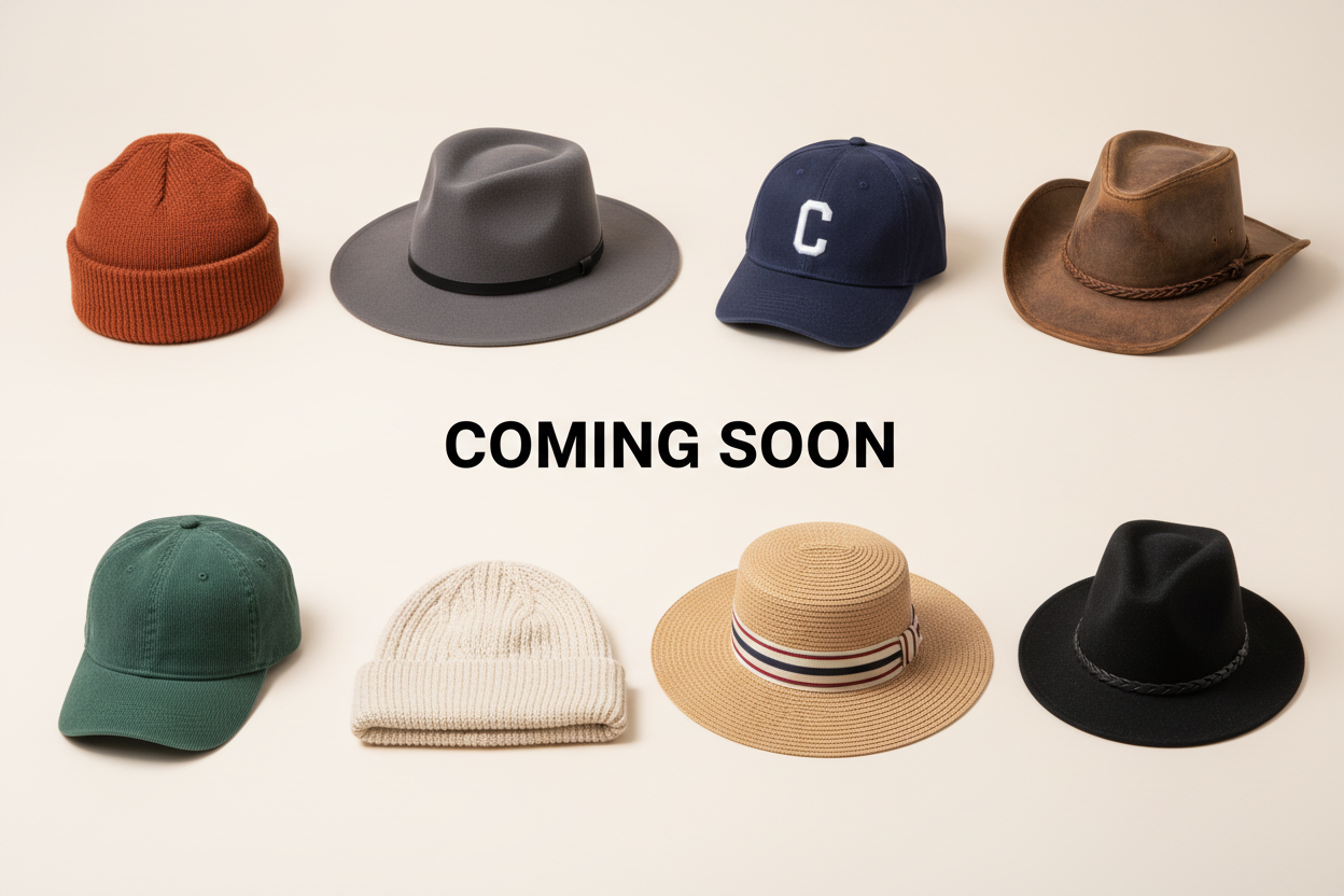 An image with different types of hats on with the words coming soon between them